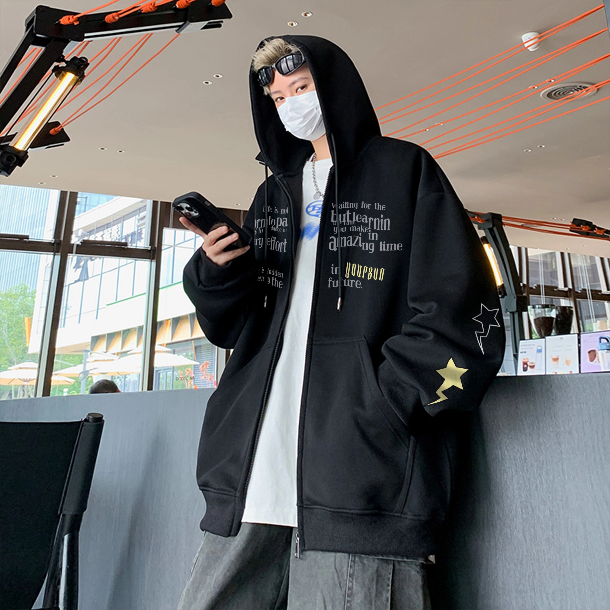 宜而爽 美式高街复古潮牌星星字母印花宽松舒适休闲抽绳落肩日常通勤百搭运动拉链长袖连帽开衫卫衣 男女同款