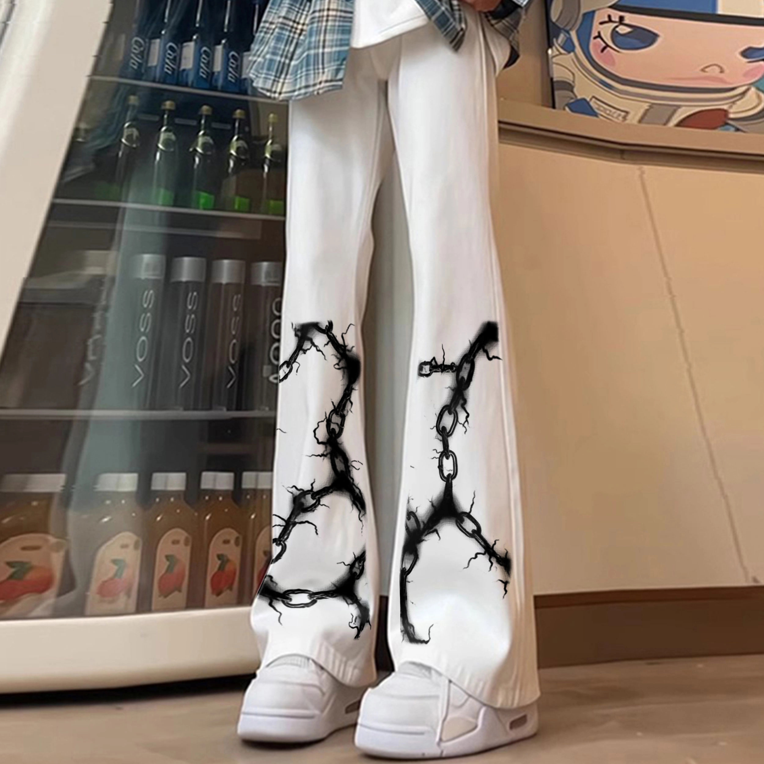 宜而爽 美式复古高街潮流嘻哈创意闪电铁链图案印花水洗做旧高级感中腰显高显瘦直筒休闲长裤通勤宽松垂感阔腿微喇弯刀牛仔裤 男女同款