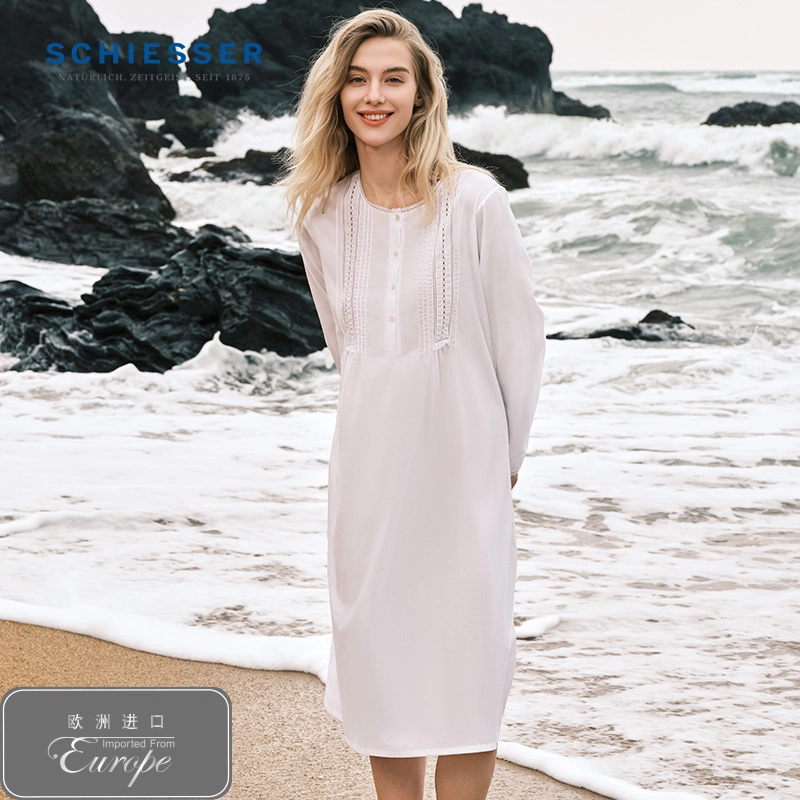舒雅 纯棉梭织亲肤透气长袖睡裙 女款 白色