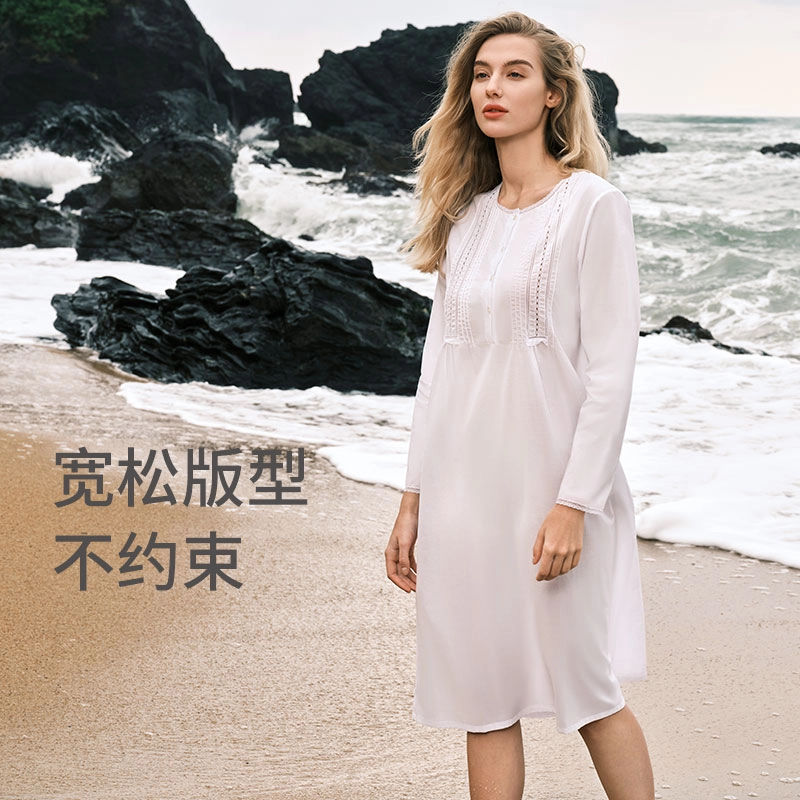 舒雅 纯棉梭织亲肤透气长袖睡裙 女款 白色