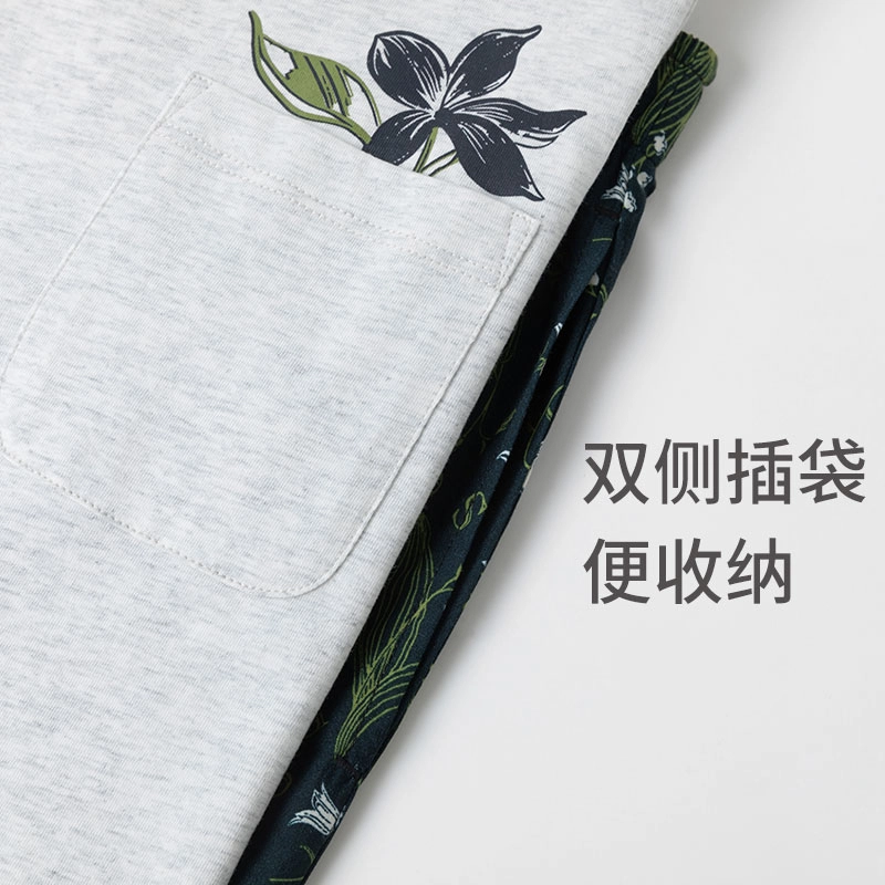 舒雅 圆领简约舒适短袖上衣休闲三分裤睡衣套装 女款 浅花灰
