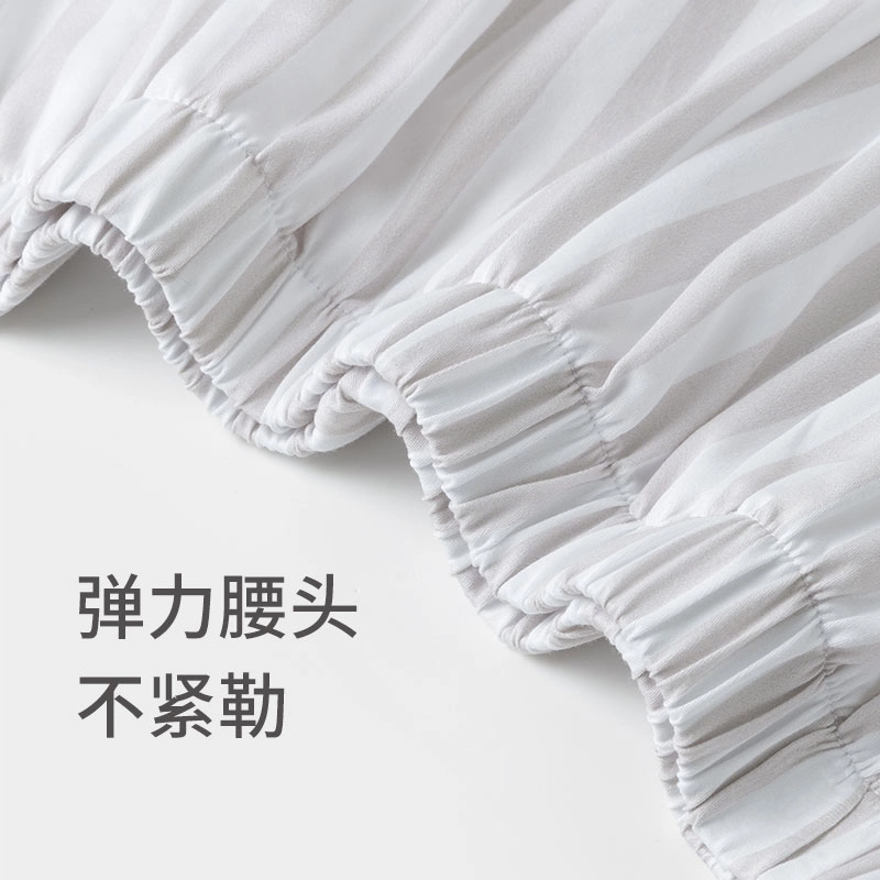 舒雅 条纹波浪滚边翻领上衣亲肤简约透气三分裤睡衣套装 女款 浅灰