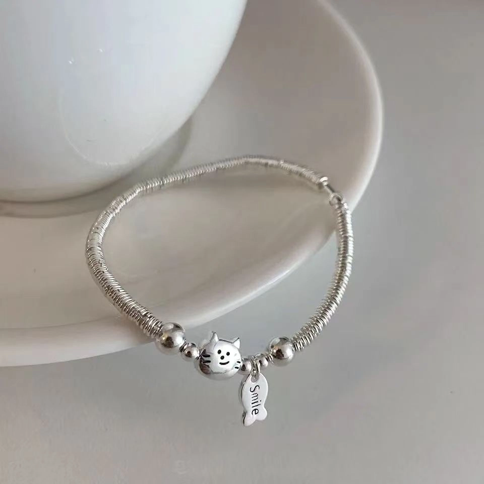 麟典 小猫吃鱼 转运萌趣可爱简约气质高级感 聚财转运碎银盘缠手饰  #好运 合金 手串 女款