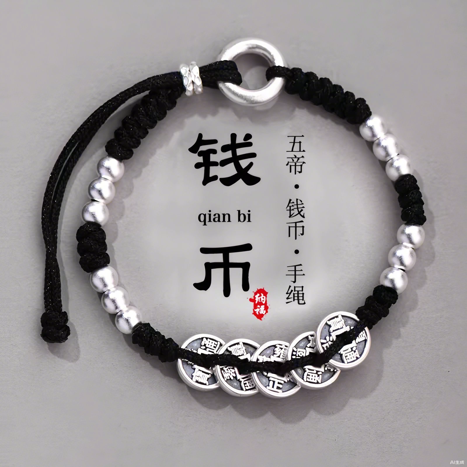 麟典 五帝钱转运珠手绳 国潮新中式平安扣手工编织 红黑绳可调节 复古民族风小众设计饰品 #好运 合金 手链 男女同款情侣款