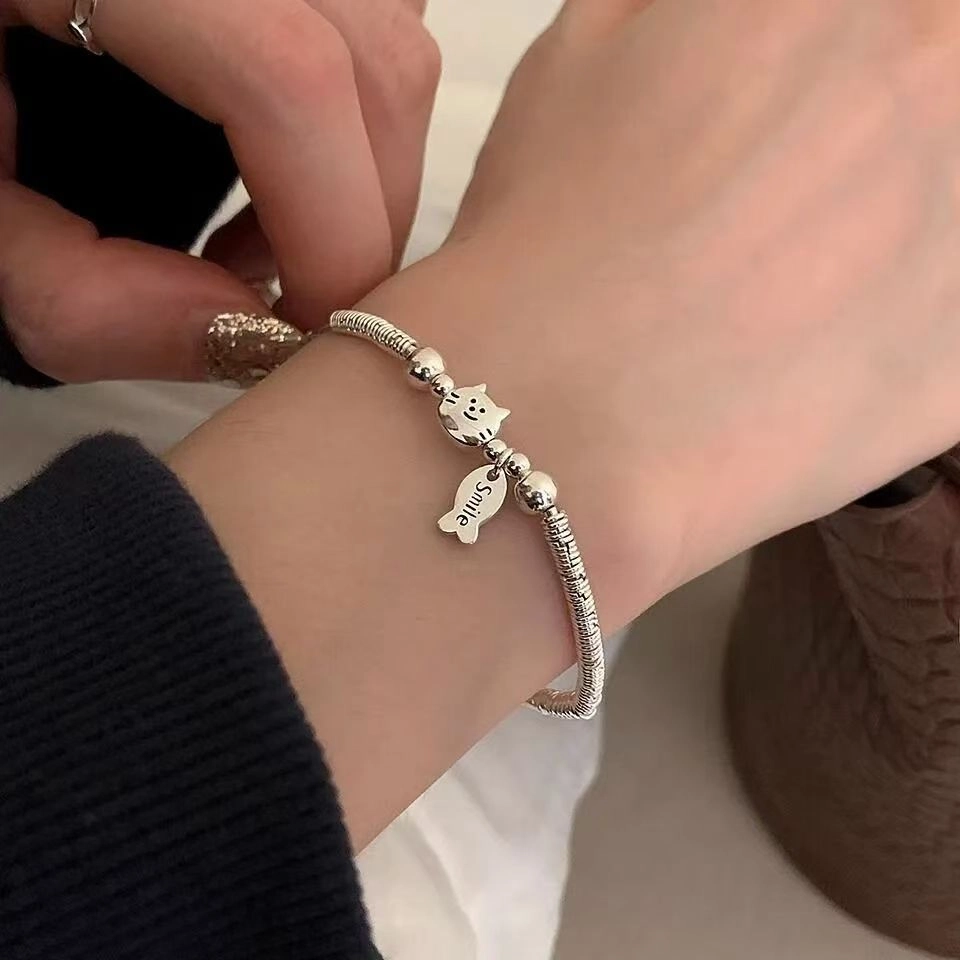 麟典 小猫吃鱼 转运萌趣可爱简约气质高级感 聚财转运碎银盘缠手饰  #好运 合金 手串 女款