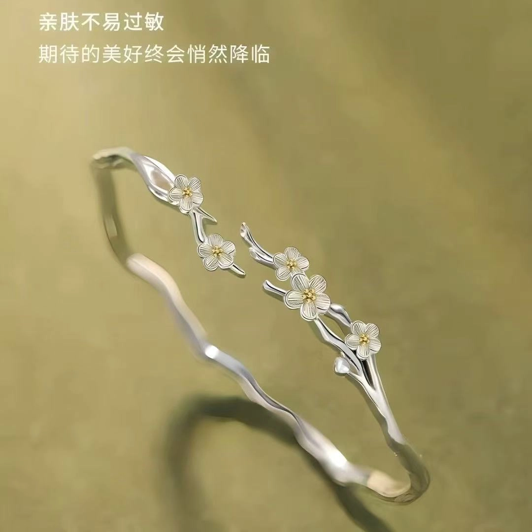 麟典 莫离茉莉花开口镯森系小清新甜美可爱国风新中式小众设计手饰手环女生饰品 优雅简约百搭通勤 高级礼盒 合金 手镯 女款
