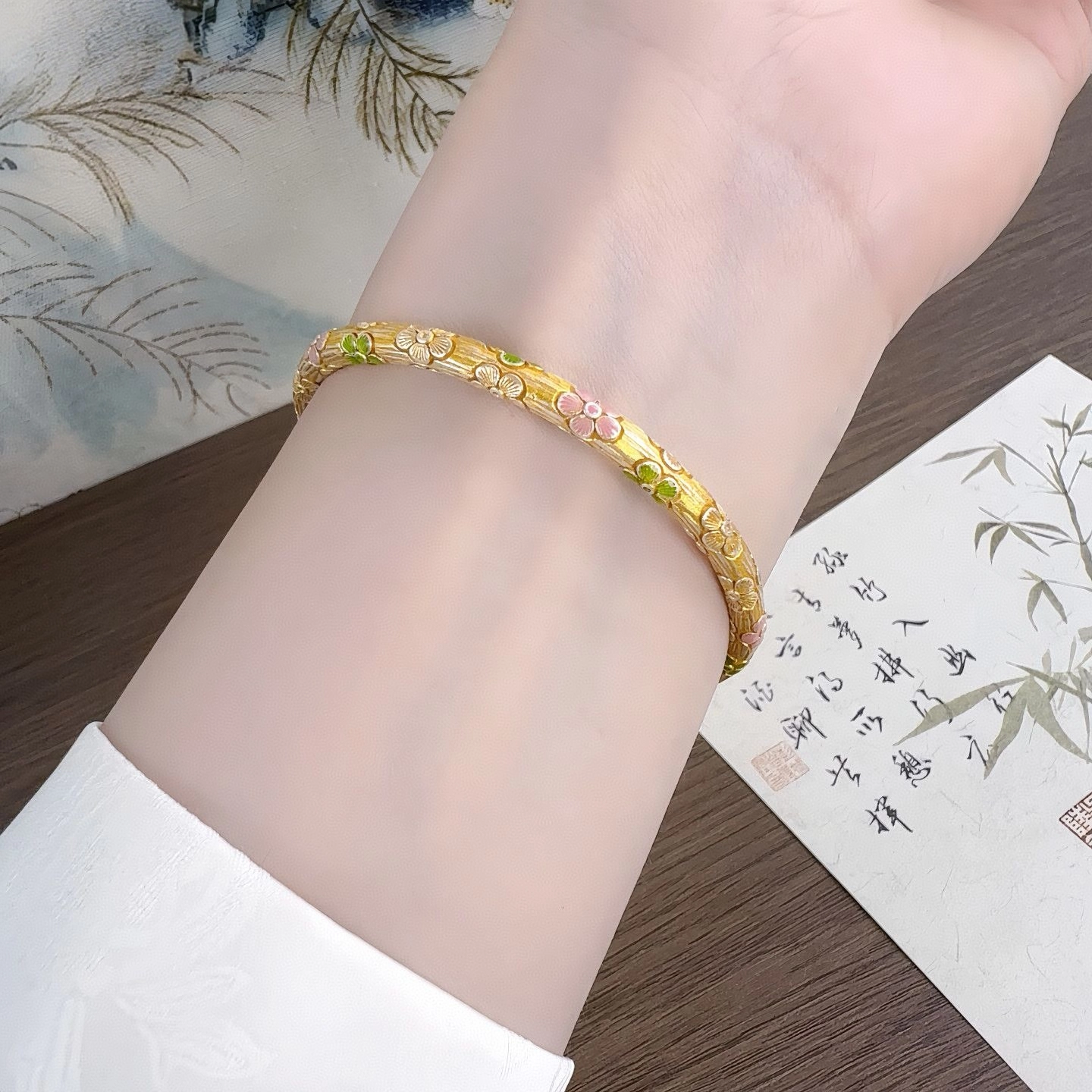 麟典 描金葫芦头花朵开口镯 精致优雅浪漫甜美 国风新中式小众设计手饰 饰品 高级礼盒 #好运 合金 手镯 女款