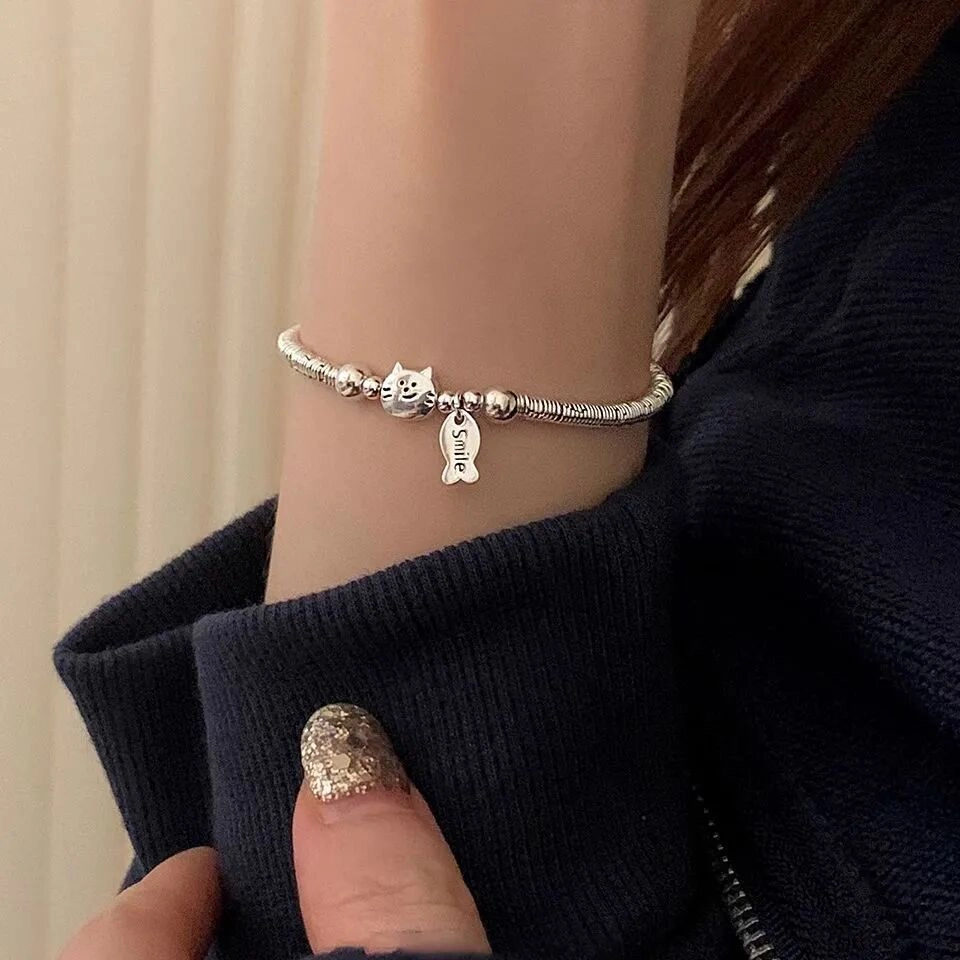麟典 小猫吃鱼 转运萌趣可爱简约气质高级感 聚财转运碎银盘缠手饰  #好运 合金 手串 女款