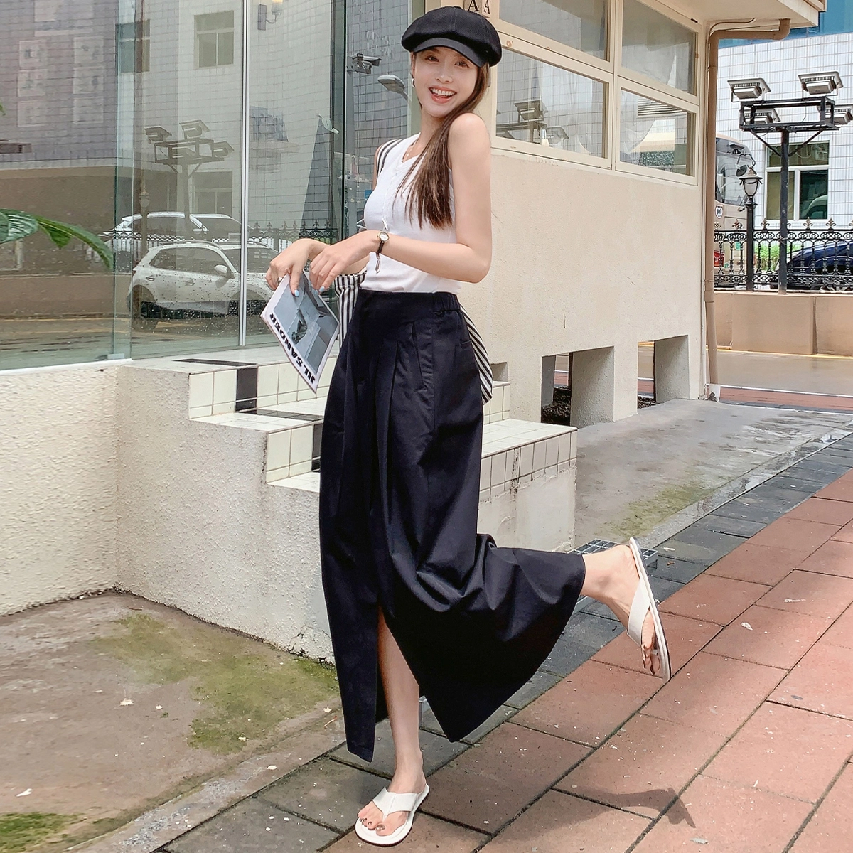 美洋  极简真皮沙滩平底方头人字拖鞋 女款