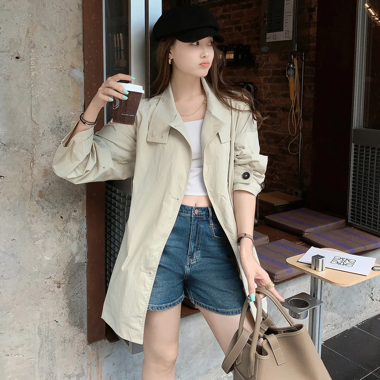 美洋 密苏里防晒 简约系带纯色立领休闲宽松长袖风衣 女款 浅卡其