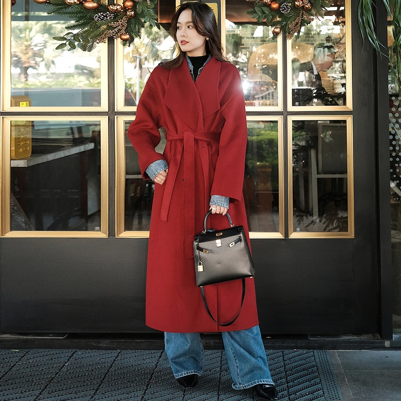 美洋 朱砂痣羊绒外套 双排扣双面呢大衣 女款 红色