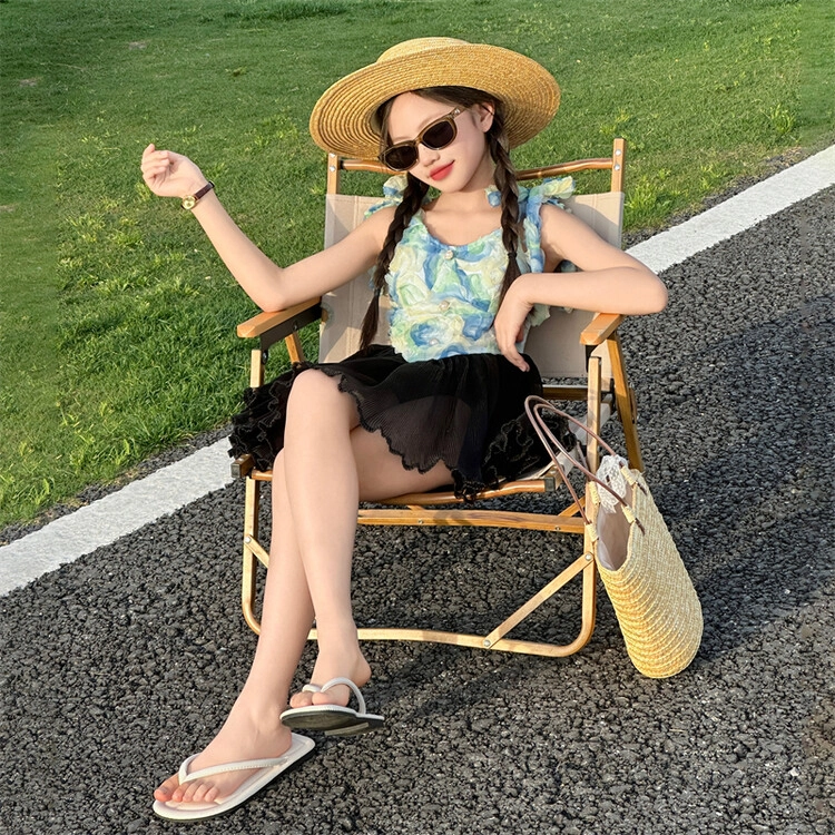 木木兔 夏季时髦洋气时尚女孩速干泳装立体大花朵荷叶裙摆游泳泳衣裤 儿童款