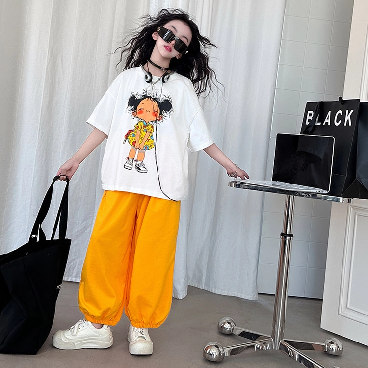 木木兔休闲运动套装 时髦洋气夏季潮流时尚女孩美式宽松舒适中大童灯笼裤两件套