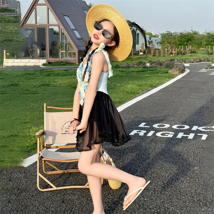 木木兔 夏季时髦洋气时尚女孩速干泳装立体大花朵荷叶裙摆游泳泳衣裤 儿童款