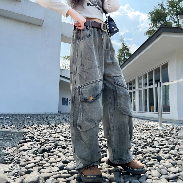 木木兔 牛仔裤  时髦洋气夏季工装裤休闲百搭中大童男女孩宽松舒适直筒裤