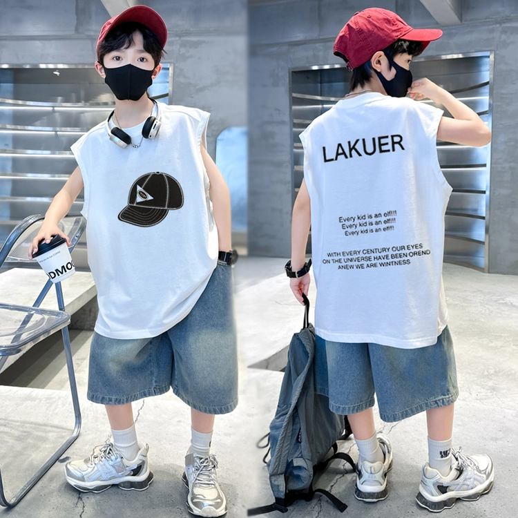 木木兔休闲运动套装 时髦洋气无袖背心牛仔裤时尚男孩宽松舒适两件套 儿童款