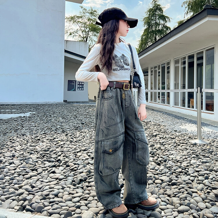 木木兔 牛仔裤  时髦洋气夏季工装裤休闲百搭中大童男女孩宽松舒适直筒裤