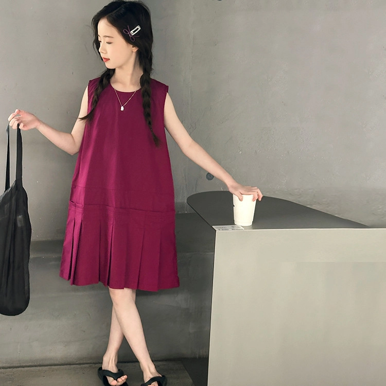 木木兔连衣裙 时髦洋气夏季薄款宽松舒适中大童时尚百搭个性女孩无袖百褶背心裙子