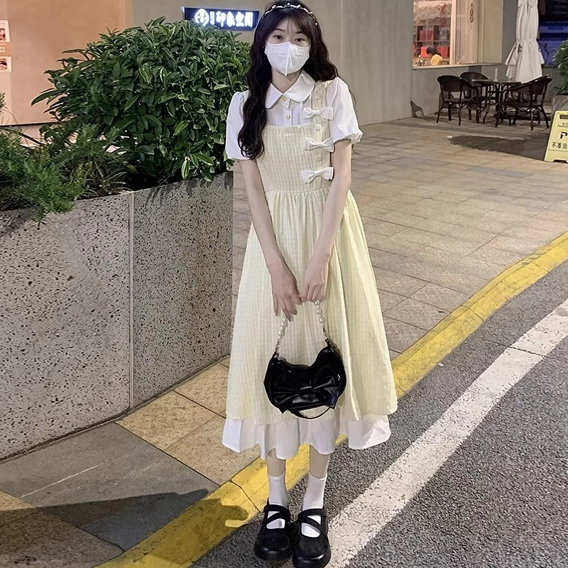 木木兔 潮流时尚日系文艺学院风夏季可爱甜美小清新气质淑女裙子收腰显瘦短袖连衣裙 女款