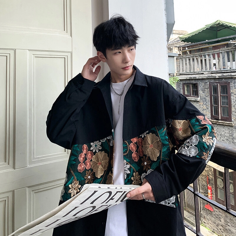 快鱼 中国风国潮刺绣拼接设计款潮牌港风舒适透气休闲宽松百搭长袖衬衫 男女同款