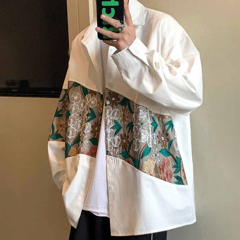 快鱼 中国风国潮刺绣拼接设计款潮牌港风舒适透气休闲宽松百搭长袖衬衫 男女同款