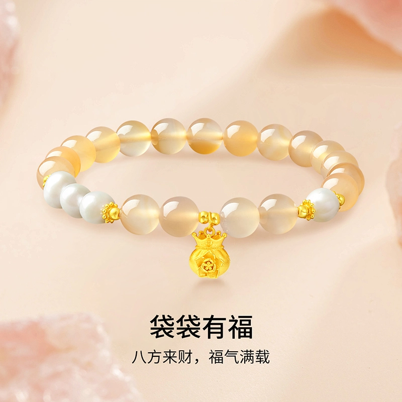 梦金园 杏花福袋转运珠 国潮新中式小众设计福满袋精致可爱时尚百搭 袋袋有福#好运 玛瑙 玉石手串 女款