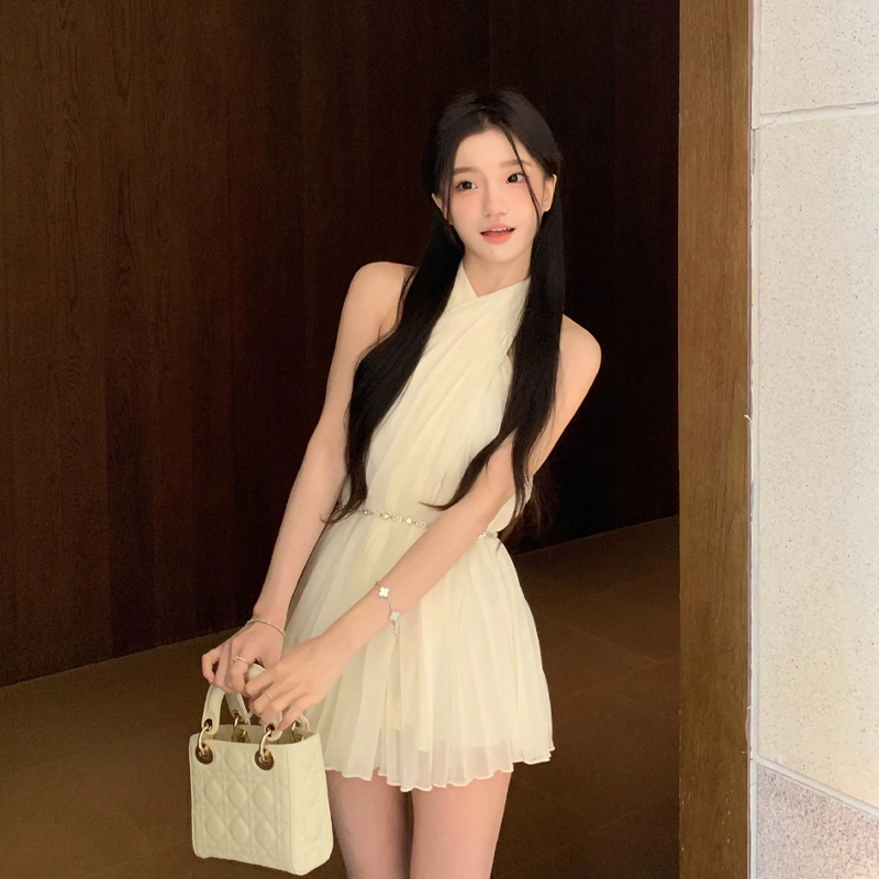 玉儿恋 御姐风挂脖收腰气质简约无袖连衣裙 女款
