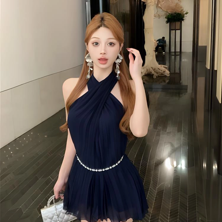 玉儿恋 御姐风挂脖收腰气质简约无袖连衣裙 女款