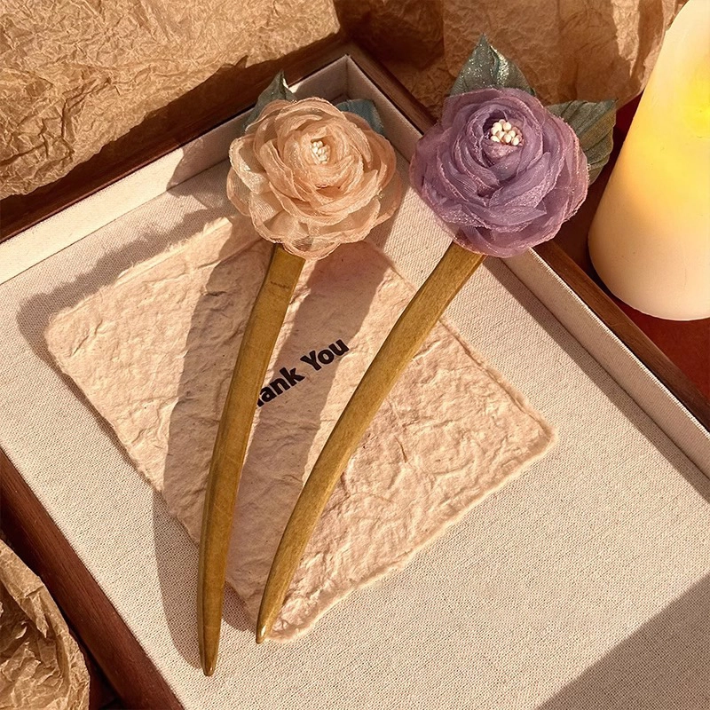蒙妮 小清新玫瑰花 网纱/木 发簪 女款