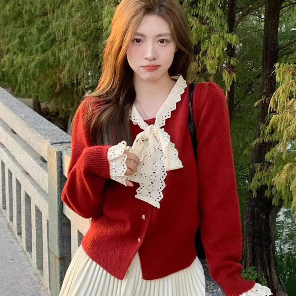玉儿恋 韩版蕾丝蝴蝶结设计感收腰短款长袖针织衫 女款