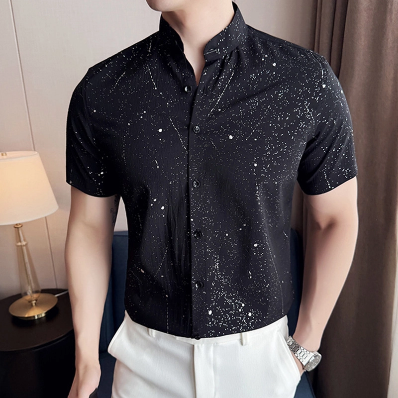 袋鼠 高级感满天星烫金滴胶时尚休闲免熨短袖立领衬衣百搭修身衬衫 男女同款