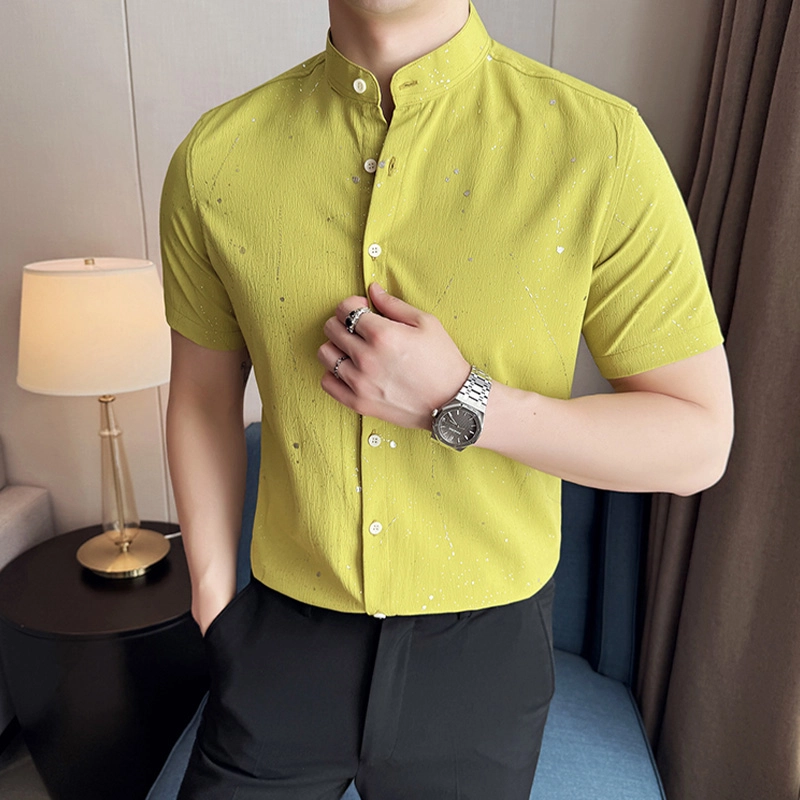 袋鼠 高级感满天星烫金滴胶时尚休闲免熨短袖立领衬衣百搭修身衬衫 男女同款