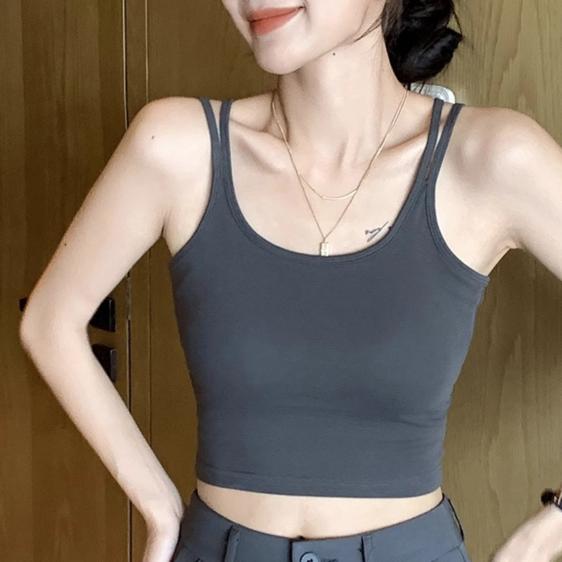 黑恐龙 纯色背心内搭外穿带胸垫美背内衣文胸一体打底瑜伽上衣吊带 女
