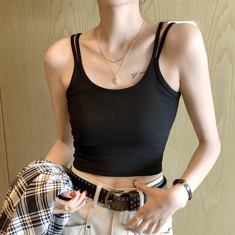 黑恐龙 纯色背心内搭外穿带胸垫美背内衣文胸一体打底瑜伽上衣吊带 女