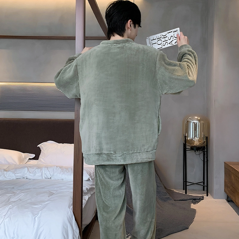 都市丽人 保暖珊瑚绒圆领简约休闲高颜值抗寒保暖亲肤蓄温长袖长裤睡衣套装 男款 图片色