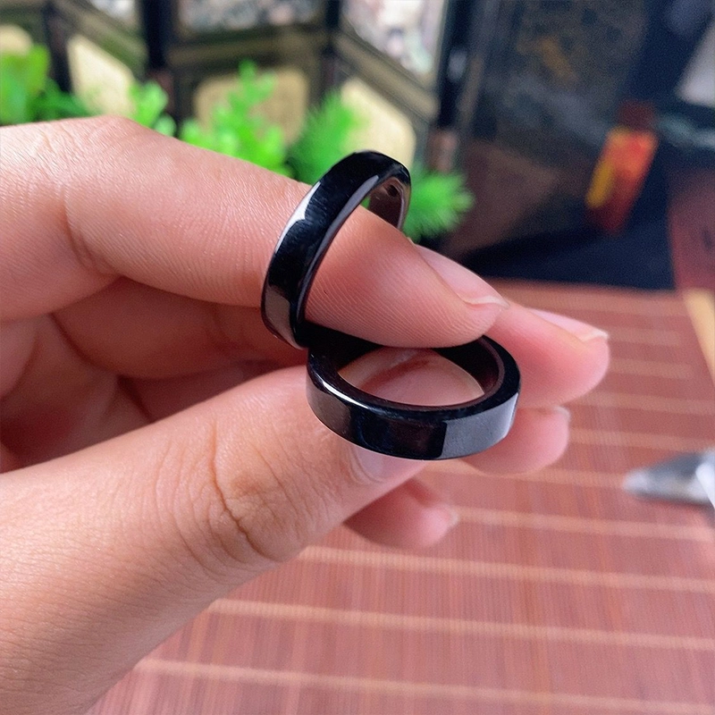 周纪福 好运方墨翠指环乌鸡墨黑玉戒 糯冰 翡翠戒指 男女同款情侣款