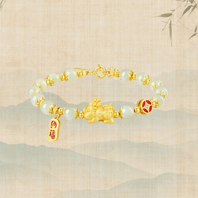 正大福 新中式貔貅 本命年国潮新中式福牌转运珠串珠 周年纪念日 玉髓 手链 男女同款情侣款