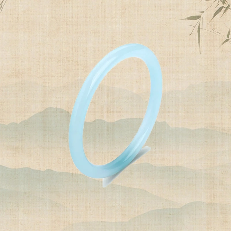 正大福 青蓝冰水 简约气质素雅古韵精致莹润海蓝冰晴圆条一步一响旗袍美人条冰种叮当镯 琉璃 玉石手镯 男女同款情侣款