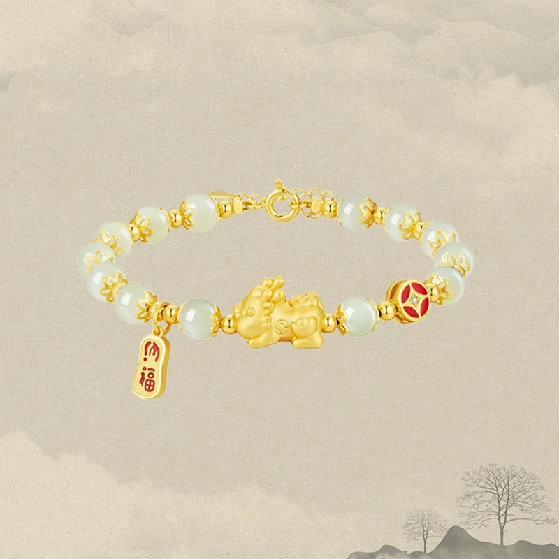 正大福 新中式貔貅 本命年国潮新中式福牌转运珠串珠 周年纪念日 玉髓 手链 男女同款情侣款