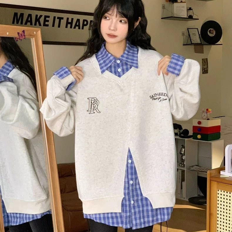 费尔岛上的猫 美式复古潮牌学院风格子拼接假两件翻领宽松卫衣 男女同款
