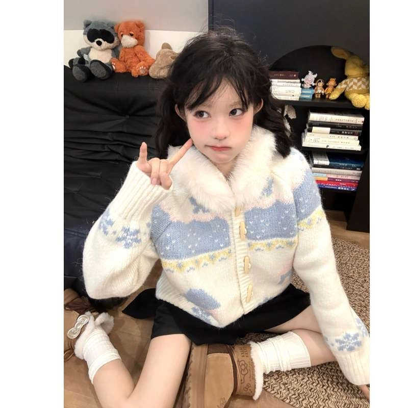 费尔岛上的猫 慵懒风费尔岛牛角扣连帽宽松针织衫 女款