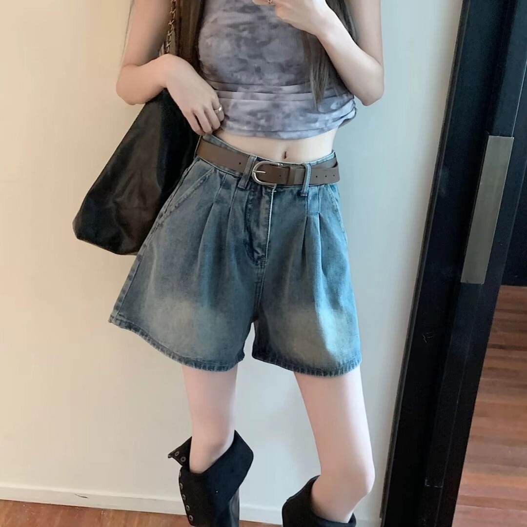 欧迪芬 水洗休闲宽松简约通勤风纯色高腰阔腿牛仔短裤 女款