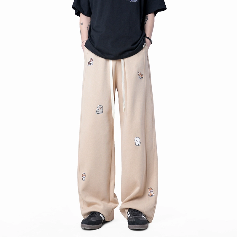 欧迪芬 趣味小狗刺绣卫裤垂感宽松阔腿休闲裤 男女同款