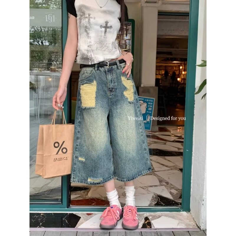 欧迪芬 美式做旧女夏季高腰小个子直筒宽松显瘦七分牛仔裤 女款 复古蓝