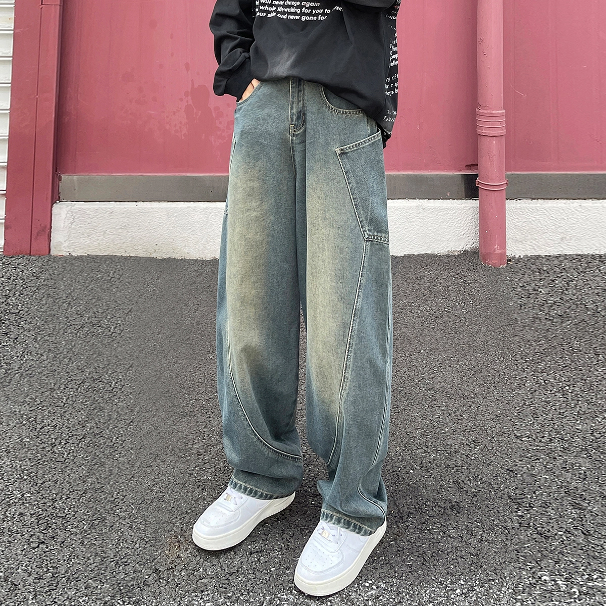 欧迪芬 美式复古水洗做旧染牛仔裤 男女同款