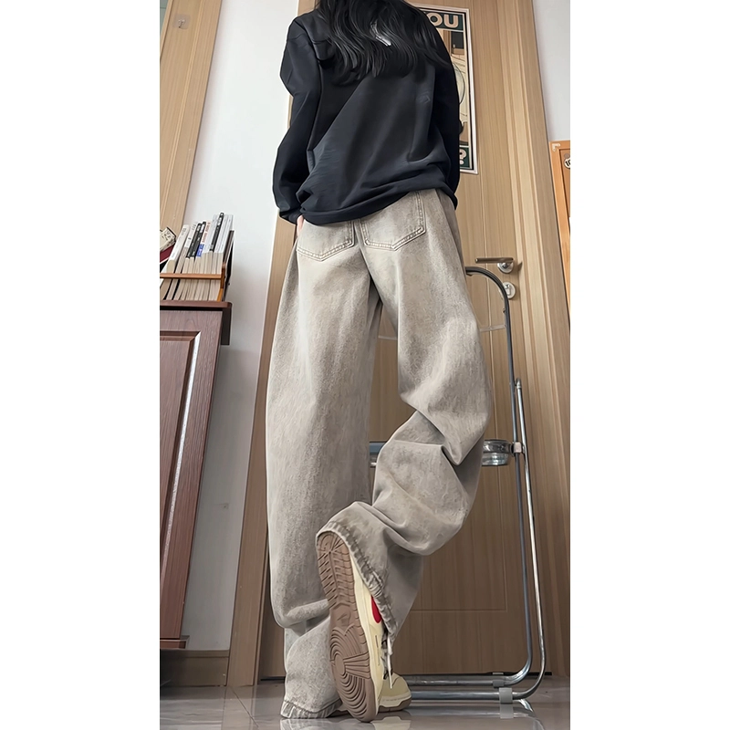 欧迪芬 水洗直筒裤女秋季美式高质量猫须褶皱宽松休闲长裤牛仔裤 女款