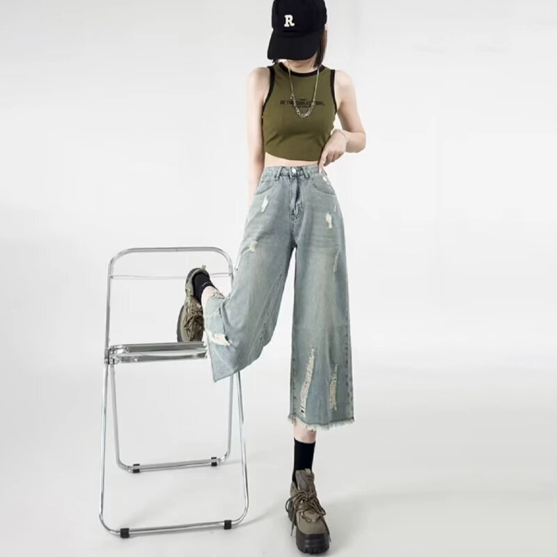 欧迪芬 休闲做旧毛边设计感舒适时尚百搭高腰宽松八分牛仔裤 女款 浅蓝