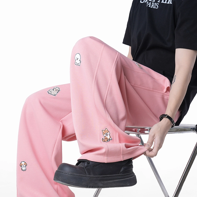 欧迪芬 趣味小狗刺绣卫裤垂感宽松阔腿休闲裤 男女同款