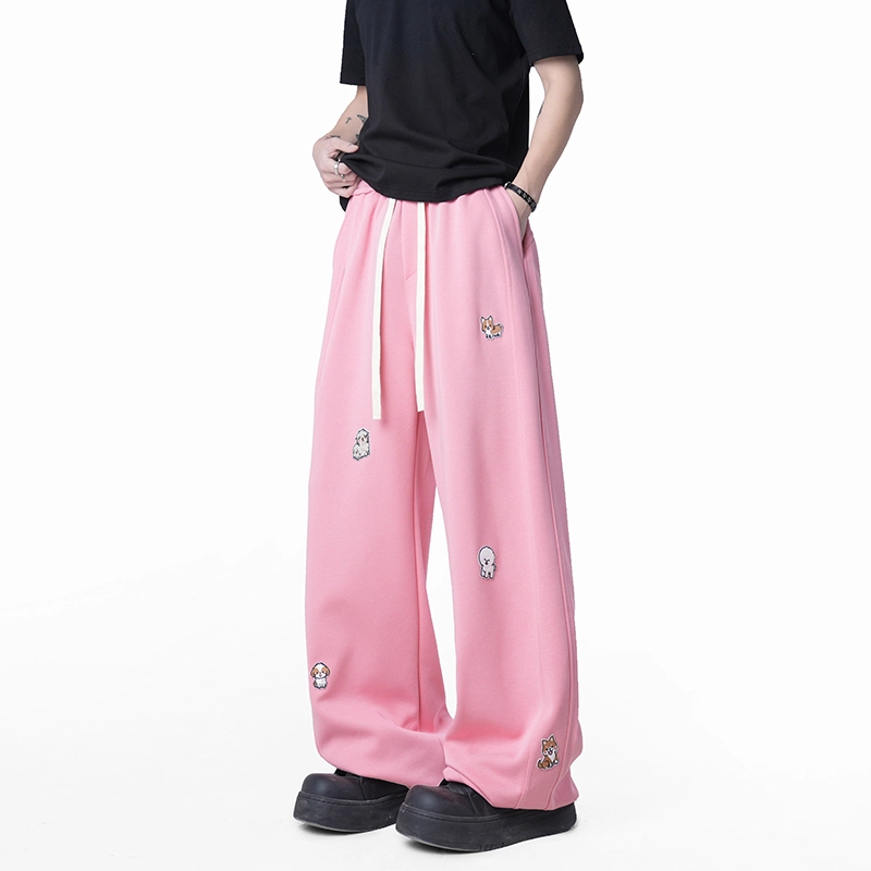 欧迪芬 趣味小狗刺绣卫裤垂感宽松阔腿休闲裤 男女同款