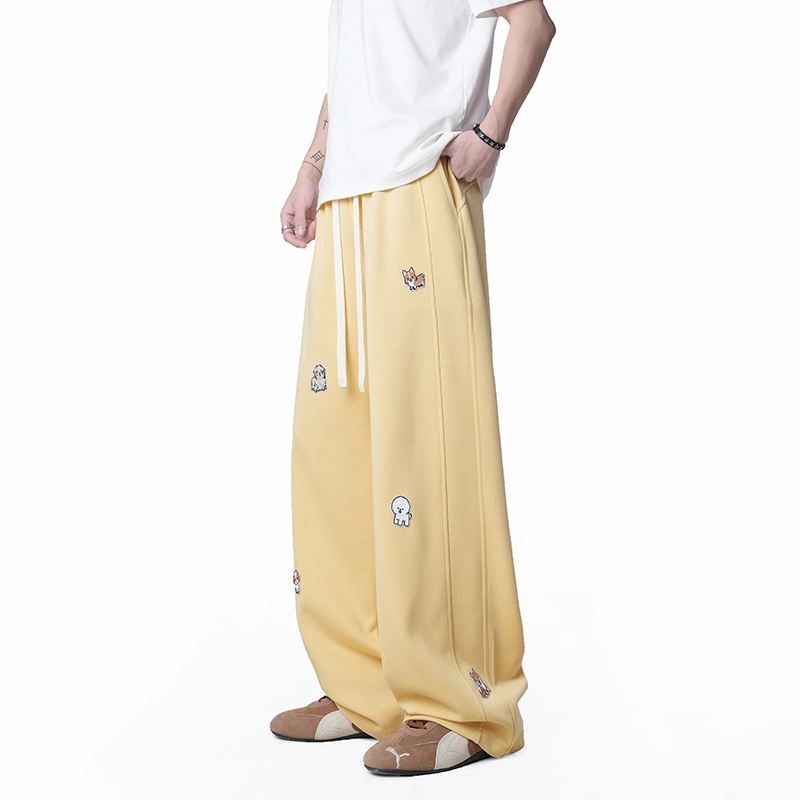欧迪芬 趣味小狗刺绣卫裤垂感宽松阔腿休闲裤 男女同款
